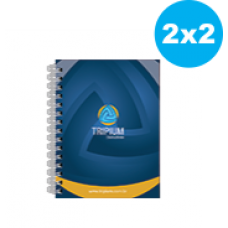 500 Cadernos - 15x20cm - 102 folhas papel sulfite 75g 2x2 cores (miolo) - Capa dura revestida c/ Couché 170g com laminação BOPP fosca frente, cantos retos e encadernação wire-o branco