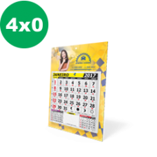 50 Folhinhas com bloco calendário - 20x27cm - 4x0 cores - Supremo 300g - Verniz total frente e furo 5mm c/ ilhós