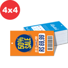 500 Tags - 5x9cm - 4x4 cores - Couché 300g - Cantos retos, furo e laminação verniz brilho total frente 500 Tags - 5x9cm - 4x4 cores - Couché 300g - Cantos retos, furo e laminação verniz brilho total frente