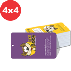 500 Tags - 5x9cm - 4x4 cores - Couché 300g - Cantos arredondados, furo, laminação fosca total e verniz brilho localizado, ambos frente e verso